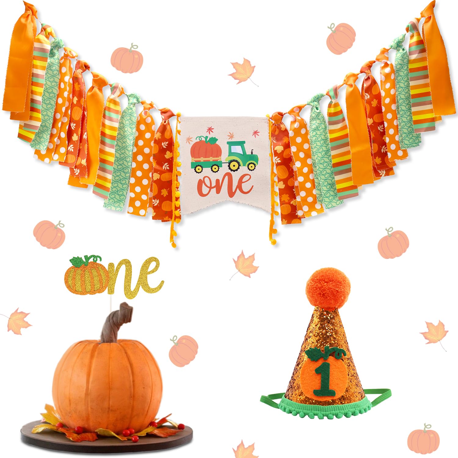 Vansolinne Little Pumpkin First Birthday Highchair Banner Decorations, Fall Harvest Birthday Highchair Banner Cake Smash Cone Hat Decorations Set for Baby Boy Girl 1st Birthday Party Supplies, 3 in 1