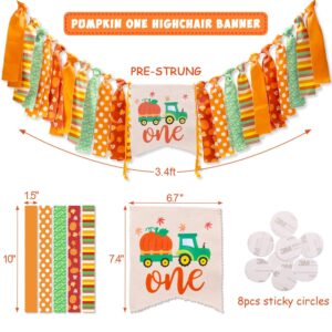 Vansolinne Little Pumpkin First Birthday Highchair Banner Decorations, Fall Harvest Birthday Highchair Banner Cake Smash Cone Hat Decorations Set for Baby Boy Girl 1st Birthday Party Supplies, 3 in 1