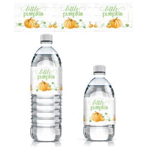 orange little pumpkin baby shower water bottle labels - autumn waterproof bottle wrappers - 24 count - fall unisex pumpkin patch theme