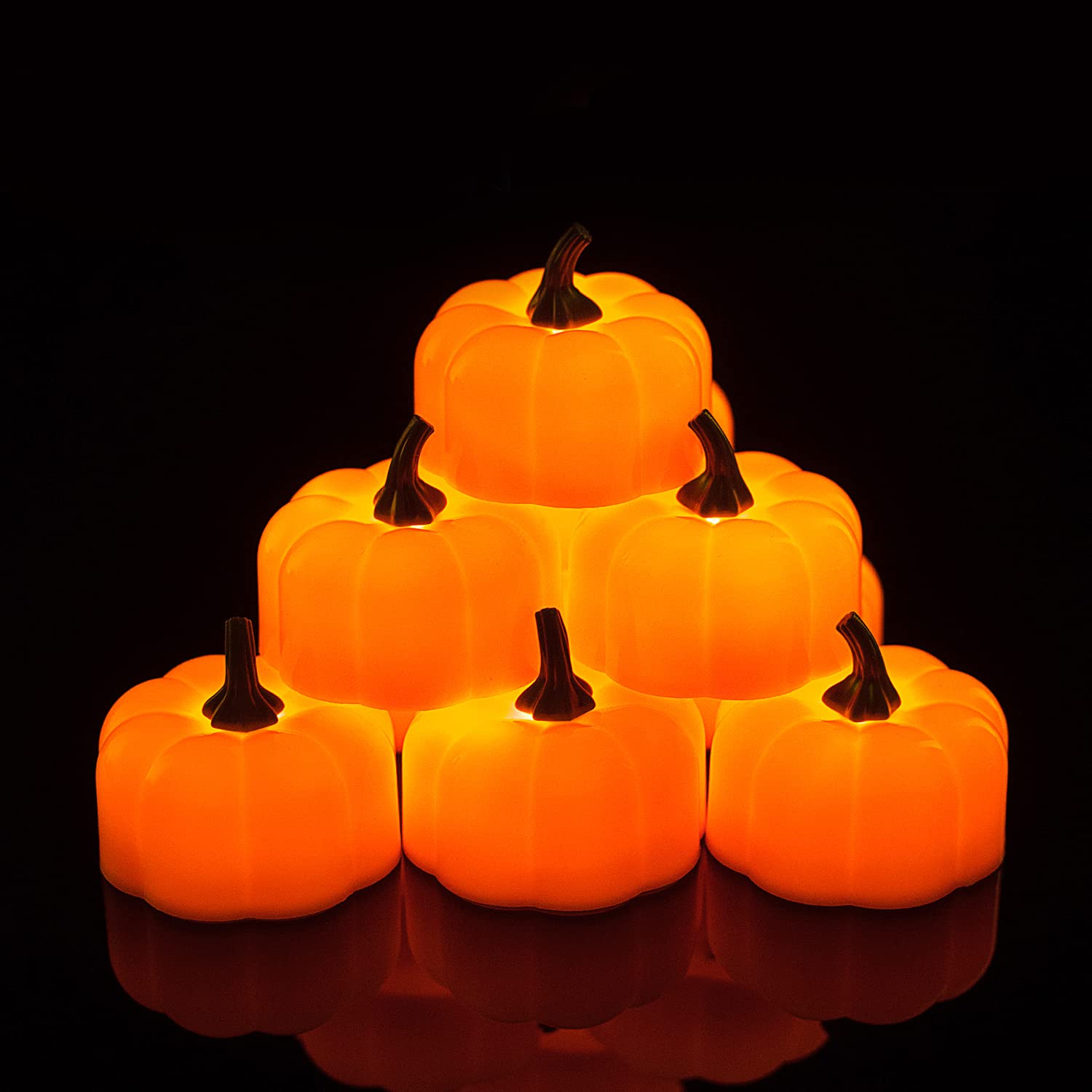 Homemory 24 Pack LED Pumpkin Lights, Halloween Pumpkins Battery Operated, Pumpkin Tea Lights, Light Up Jack O’ Lanterns for Halloween, Orange