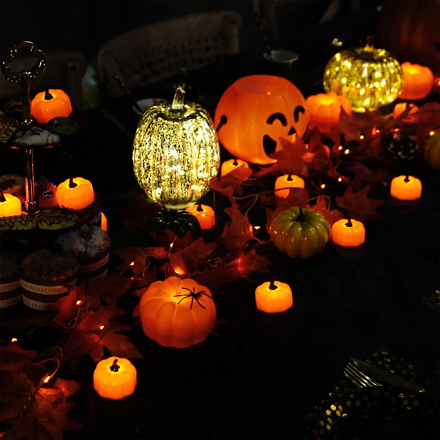 Homemory 24 Pack LED Pumpkin Lights, Halloween Pumpkins Battery Operated, Pumpkin Tea Lights, Light Up Jack O’ Lanterns for Halloween, Orange