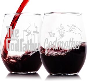 the godfather & godmother etched stemless wine glass set - premium quality licensed, handcrafted glassware - a perfect collectible gift for godparents, movie lovers & special occasions