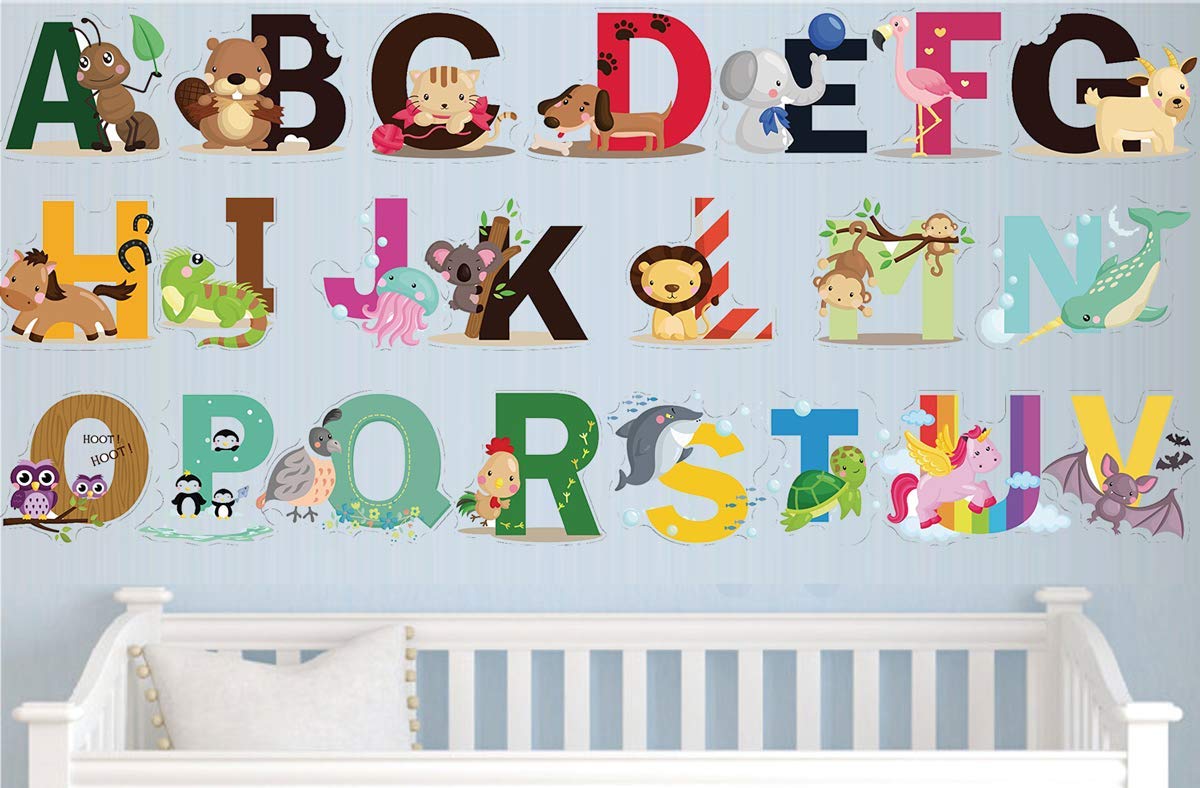 DEKOSH Animal Alphabet Kids Wall Decals - Peel & Stick Educational Baby Stickers for Playroom, Classroom Decoration