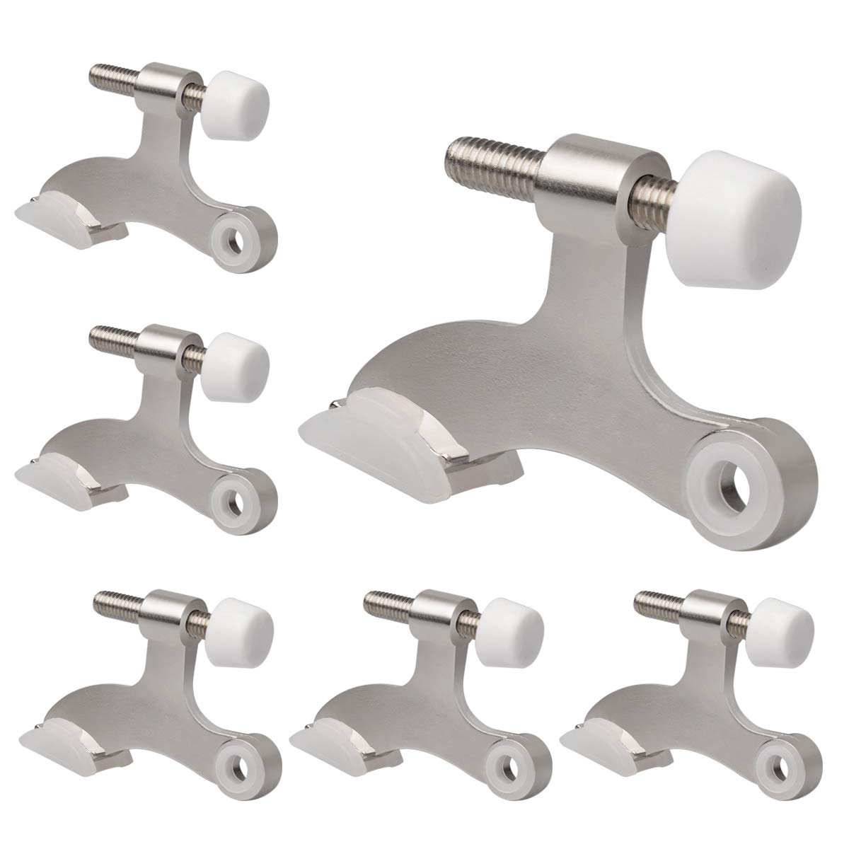 KOVOSCH 6 Pack Hinge Pin Door Stopper Brushed Satin Nickel - Adjustable Heavy Duty Hinge Pin Door Stops with White Rubber Bumper Tips