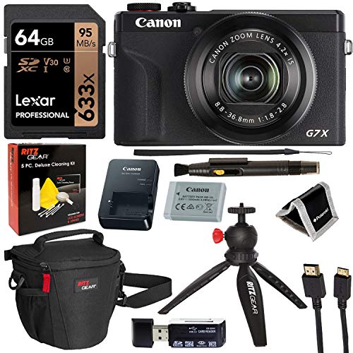 Canon PowerShot G7X Mark III 20.1MP 4K Digital Camera Vlogger Bundle (Black) with 4.2X Optical Zoom Lens 24-100mm f/1.8-2.8 Black 3637C001 with 64GB Memory, Tripod, Camera Bag, HDMI Cable,