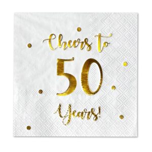 cheers to 50 years cocktail napkins | happy 50th birthday decorations for men and women and wedding anniversary party decorations | 50-pack 3-ply napkins | 5 x 5 inch folded (white)