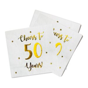 Cheers to 50 Years Cocktail Napkins | Happy 50th Birthday Decorations for Men and Women and Wedding Anniversary Party Decorations | 50-Pack 3-Ply Napkins | 5 x 5 inch folded (White)