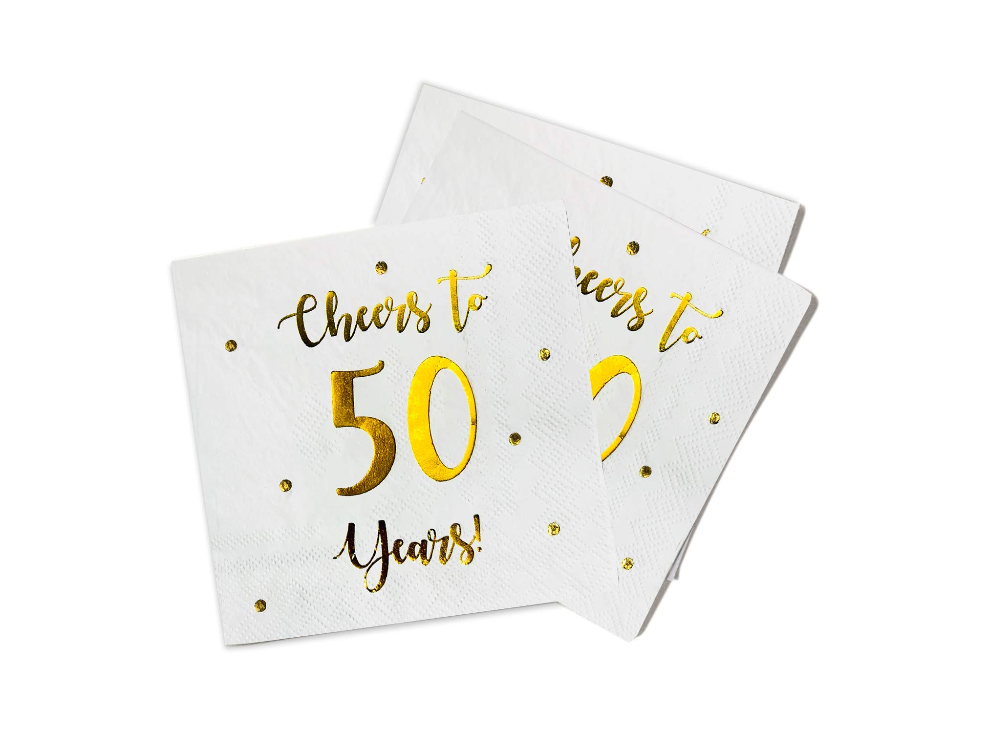 Cheers to 50 Years Cocktail Napkins | Happy 50th Birthday Decorations for Men and Women and Wedding Anniversary Party Decorations | 50-Pack 3-Ply Napkins | 5 x 5 inch folded (White)