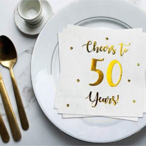 Cheers to 50 Years Cocktail Napkins | Happy 50th Birthday Decorations for Men and Women and Wedding Anniversary Party Decorations | 50-Pack 3-Ply Napkins | 5 x 5 inch folded (White)