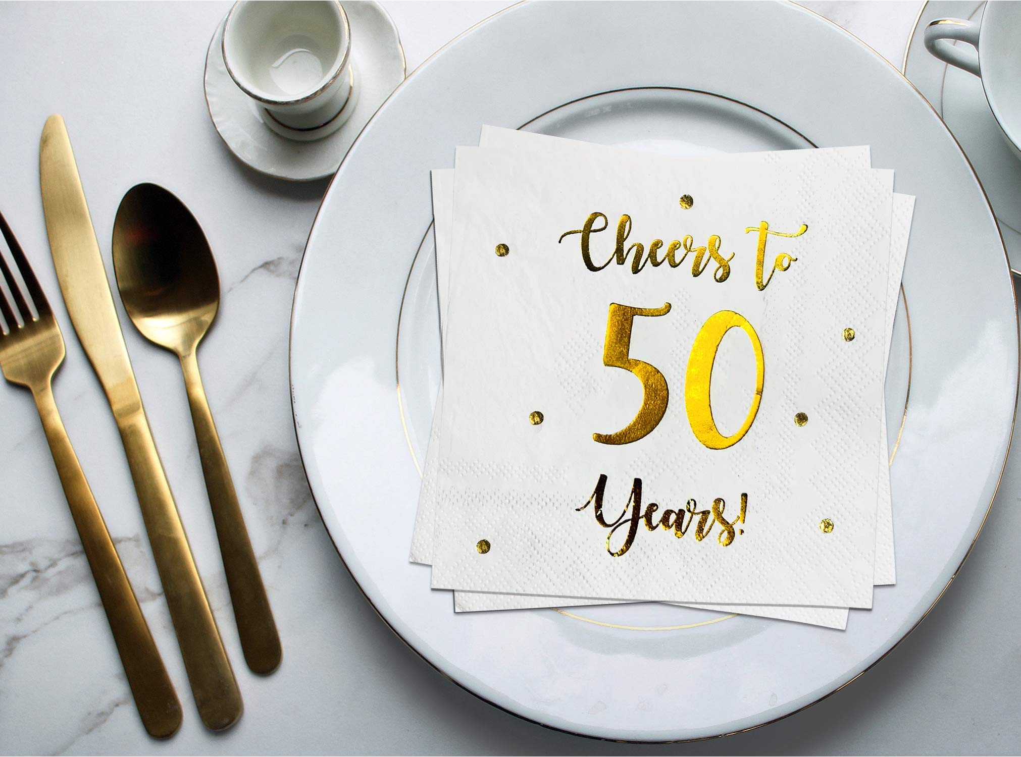 Cheers to 50 Years Cocktail Napkins | Happy 50th Birthday Decorations for Men and Women and Wedding Anniversary Party Decorations | 50-Pack 3-Ply Napkins | 5 x 5 inch folded (White)