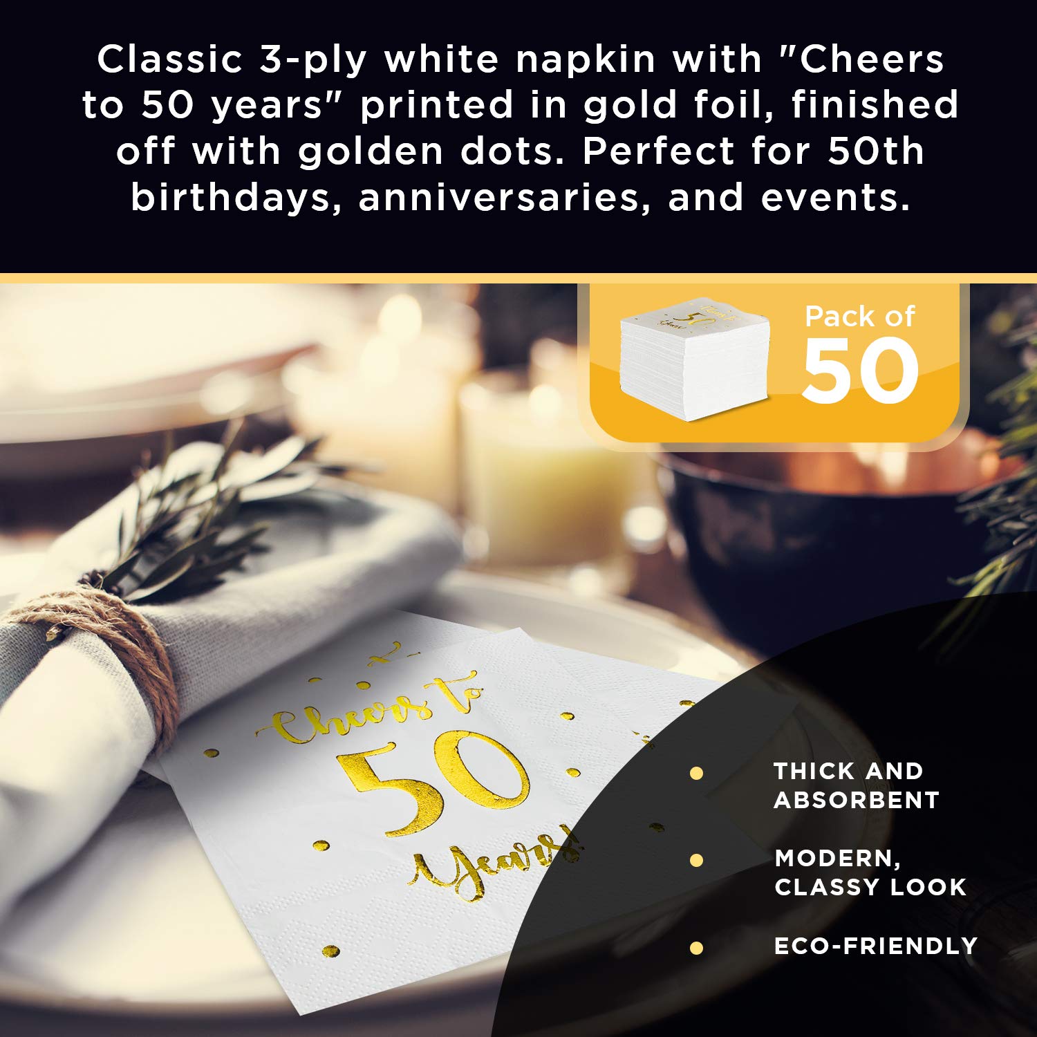 Cheers to 50 Years Cocktail Napkins | Happy 50th Birthday Decorations for Men and Women and Wedding Anniversary Party Decorations | 50-Pack 3-Ply Napkins | 5 x 5 inch folded (White)