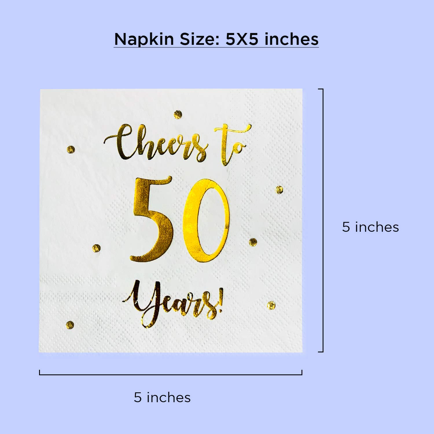 Cheers to 50 Years Cocktail Napkins | Happy 50th Birthday Decorations for Men and Women and Wedding Anniversary Party Decorations | 50-Pack 3-Ply Napkins | 5 x 5 inch folded (White)