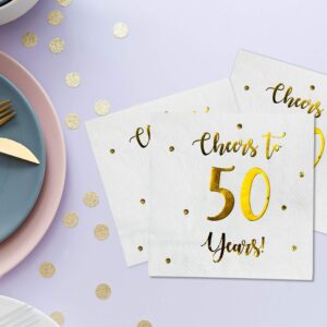 Cheers to 50 Years Cocktail Napkins | Happy 50th Birthday Decorations for Men and Women and Wedding Anniversary Party Decorations | 50-Pack 3-Ply Napkins | 5 x 5 inch folded (White)