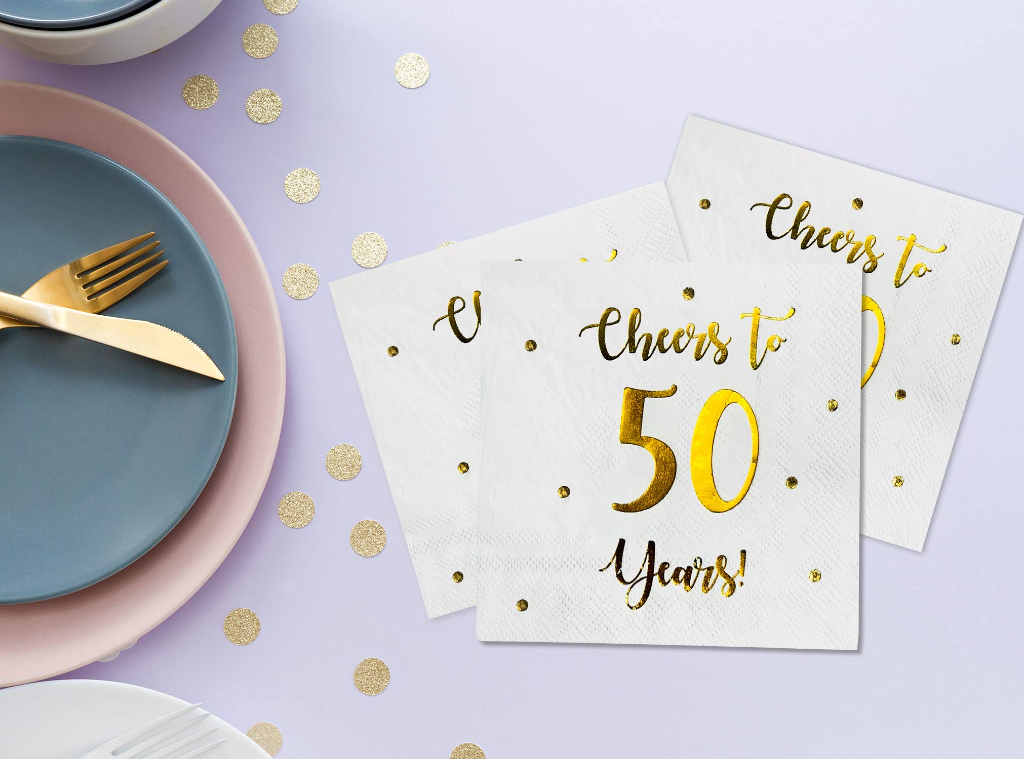 Cheers to 50 Years Cocktail Napkins | Happy 50th Birthday Decorations for Men and Women and Wedding Anniversary Party Decorations | 50-Pack 3-Ply Napkins | 5 x 5 inch folded (White)