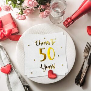 Cheers to 50 Years Cocktail Napkins | Happy 50th Birthday Decorations for Men and Women and Wedding Anniversary Party Decorations | 50-Pack 3-Ply Napkins | 5 x 5 inch folded (White)