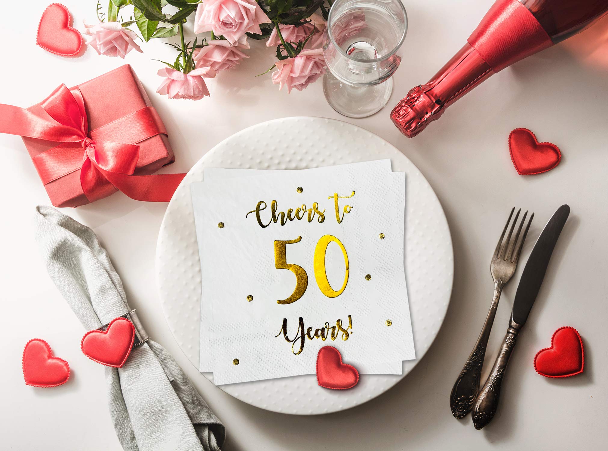 Cheers to 50 Years Cocktail Napkins | Happy 50th Birthday Decorations for Men and Women and Wedding Anniversary Party Decorations | 50-Pack 3-Ply Napkins | 5 x 5 inch folded (White)