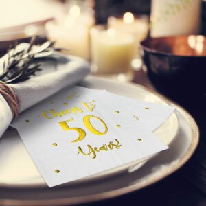 Cheers to 50 Years Cocktail Napkins | Happy 50th Birthday Decorations for Men and Women and Wedding Anniversary Party Decorations | 50-Pack 3-Ply Napkins | 5 x 5 inch folded (White)