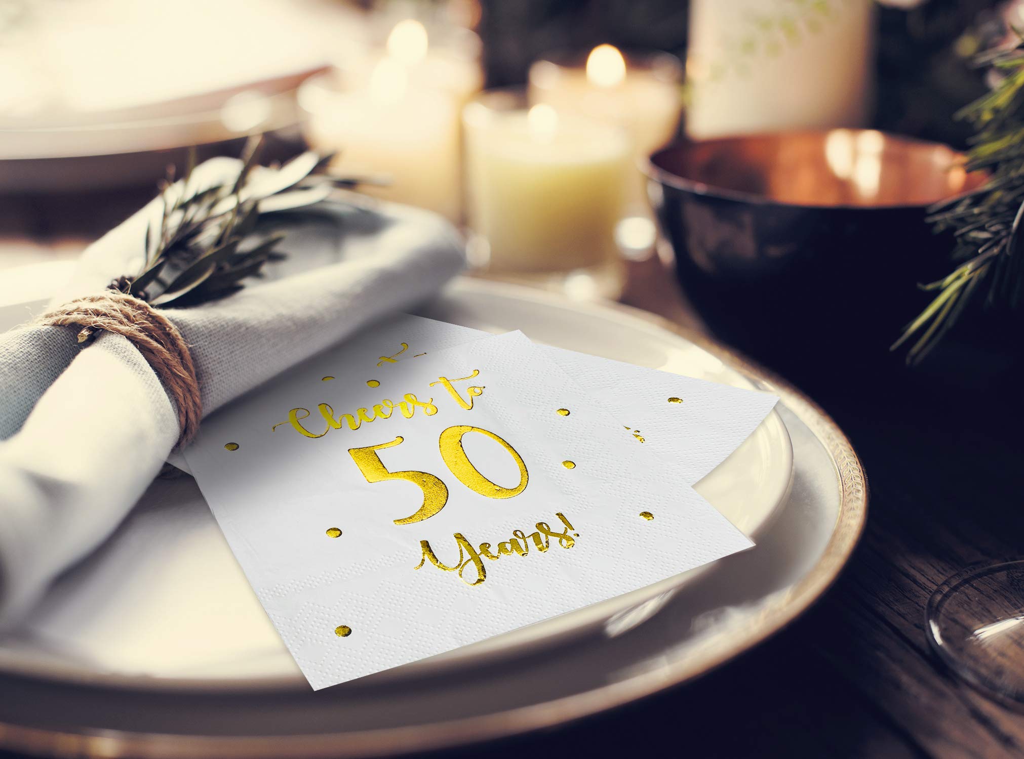 Cheers to 50 Years Cocktail Napkins | Happy 50th Birthday Decorations for Men and Women and Wedding Anniversary Party Decorations | 50-Pack 3-Ply Napkins | 5 x 5 inch folded (White)