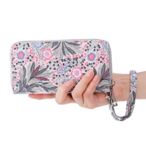 HAWEE Double Zipper Wallet for Woman Clutch Purse with Cell Phone Pocket for Smart Phone/Card/Coin/Cash, Fissidens Flower