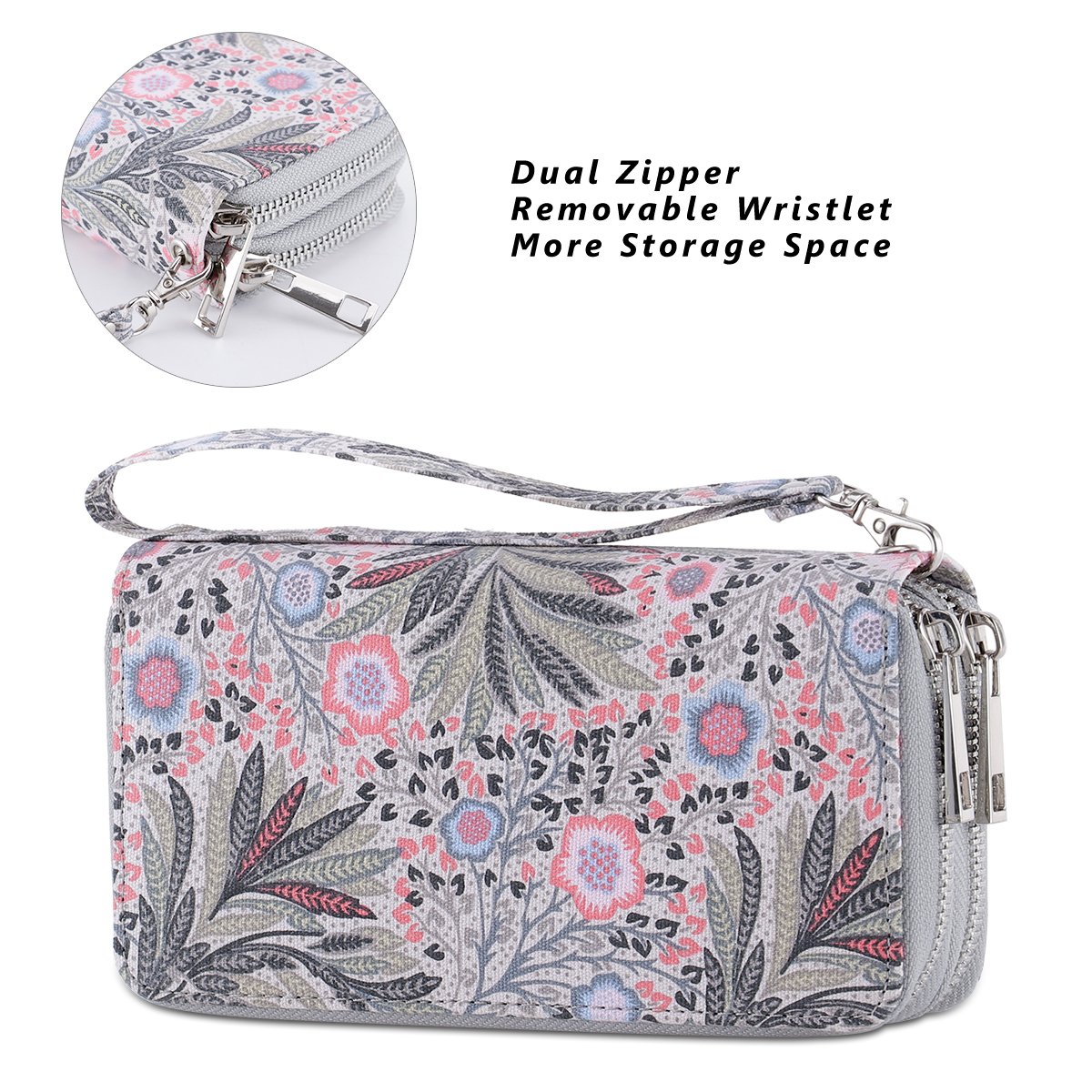 HAWEE Double Zipper Wallet for Woman Clutch Purse with Cell Phone Pocket for Smart Phone/Card/Coin/Cash, Fissidens Flower