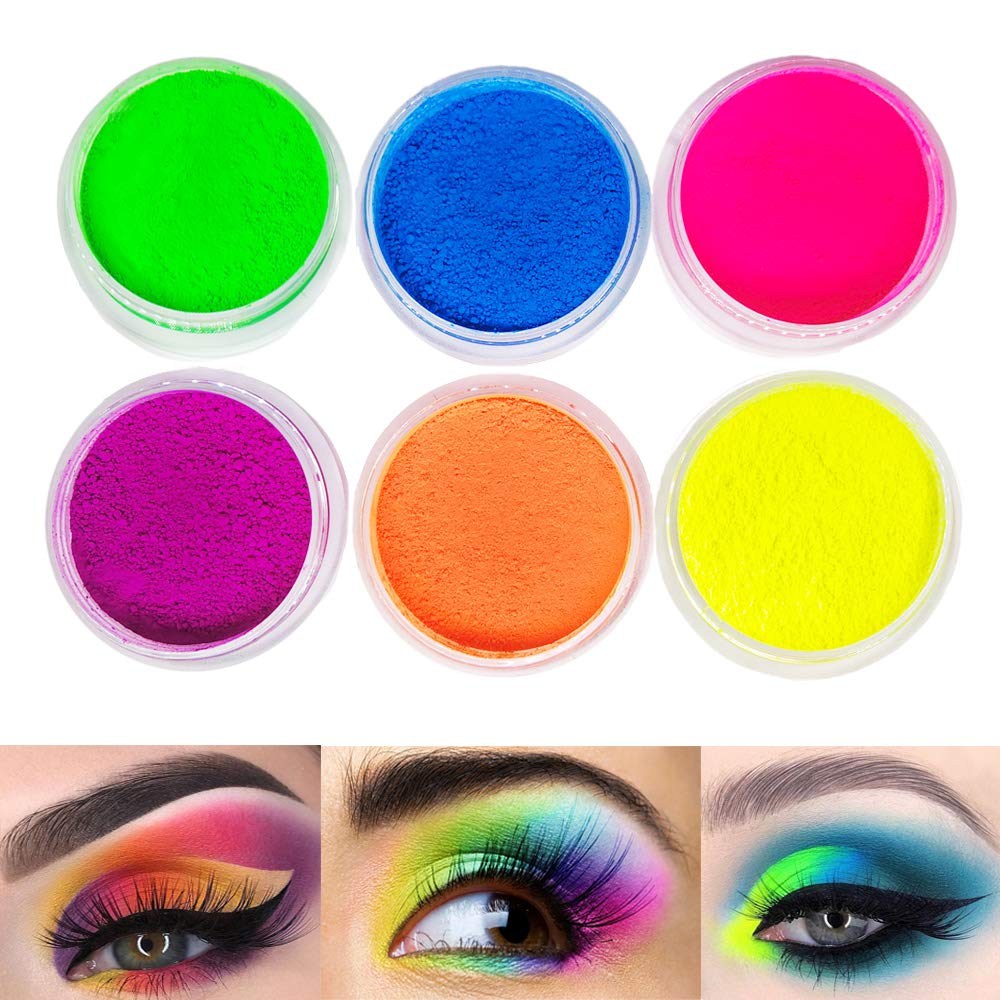 FindinBeauty Neon Pigment Eyeshadow Powder UV Reactive Glow in the Blacklight 6 Mixed Bright True Colors for Body/Eyeshadow, Carnival Party Halloween Makeup (6NE)