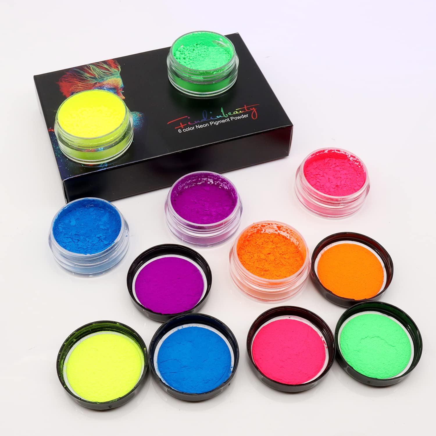 FindinBeauty Neon Pigment Eyeshadow Powder UV Reactive Glow in the Blacklight 6 Mixed Bright True Colors for Body/Eyeshadow, Carnival Party Halloween Makeup (6NE)