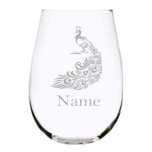 peacock with name 17 oz. stemless wine glass