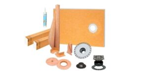 schluter kerdi 38 inch x 60 inch offset shower kit with 2 inch pvc flange, stainless steel grate and joint sealant
