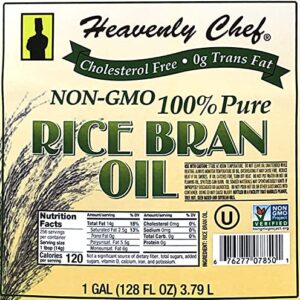 RICE BRAN OIL | 1 Gallon (128 Ounces) | Kosher | All- Natural, Made from 100% Non-GMO Rice | Rich in Vit E and Gamma Oryzanol | Unfiltered, No Trans Fat | by Heavenly Chef