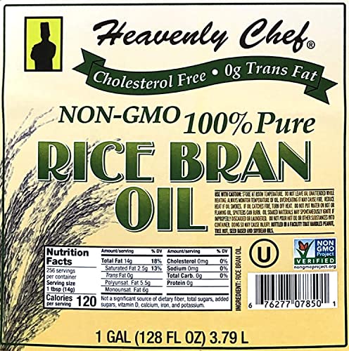 RICE BRAN OIL | 1 Gallon (128 Ounces) | Kosher | All- Natural, Made from 100% Non-GMO Rice | Rich in Vit E and Gamma Oryzanol | Unfiltered, No Trans Fat | by Heavenly Chef