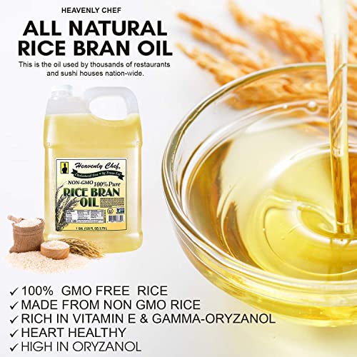 RICE BRAN OIL | 1 Gallon (128 Ounces) | Kosher | All- Natural, Made from 100% Non-GMO Rice | Rich in Vit E and Gamma Oryzanol | Unfiltered, No Trans Fat | by Heavenly Chef