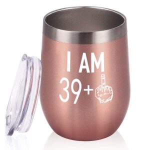 39 plus one middle finger wine tumbler, 40th birthday gifts for women men, wine tumbler with saying funny gifts idea for wife mom friends coworkers, 12 oz insulated wine tumbler glasses, rose gold
