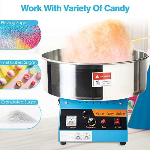 Display4top Cotton Candy Machine Commercial, Electric Cotton Candy Maker, 1080W Candy Floss Maker with Sugar Scoop and Lights Music, Perfect for Family Party Amusement Park Carnival (Blue)