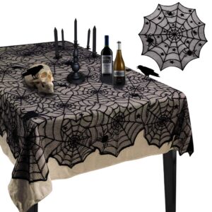 korlon halloween tablecloth, 2 pcs halloween decorations indoor spider web table cloth, 54”x 72” rectangular & 42” round black lace tablecloth cover for halloween home party kitchen table decor