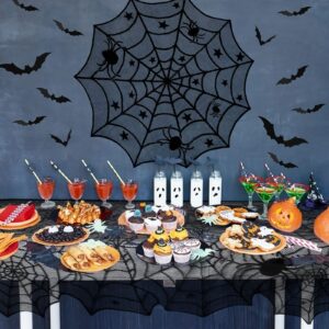 Korlon Halloween Tablecloth, 2 Pcs Halloween Decorations Indoor Spider Web Table Cloth, 54”x 72” Rectangular & 42” Round Black Lace Tablecloth Cover for Halloween Home Party Kitchen Table Decor