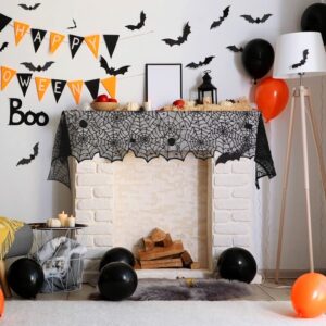 Korlon Halloween Tablecloth, 2 Pcs Halloween Decorations Indoor Spider Web Table Cloth, 54”x 72” Rectangular & 42” Round Black Lace Tablecloth Cover for Halloween Home Party Kitchen Table Decor