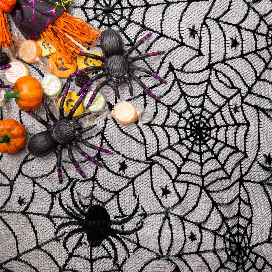 Korlon Halloween Tablecloth, 2 Pcs Halloween Decorations Indoor Spider Web Table Cloth, 54”x 72” Rectangular & 42” Round Black Lace Tablecloth Cover for Halloween Home Party Kitchen Table Decor