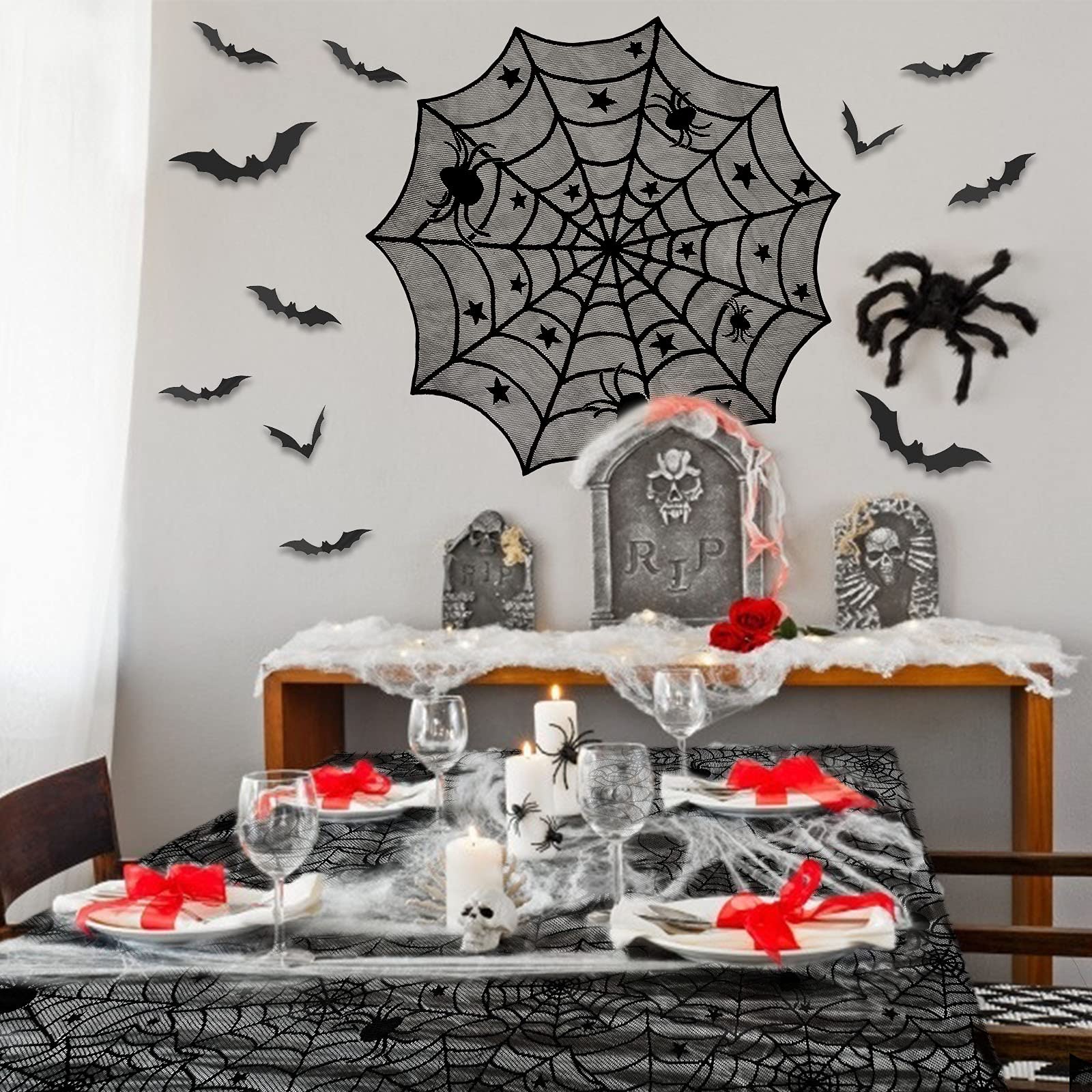 Korlon Halloween Tablecloth, 2 Pcs Halloween Decorations Indoor Spider Web Table Cloth, 54”x 72” Rectangular & 42” Round Black Lace Tablecloth Cover for Halloween Home Party Kitchen Table Decor