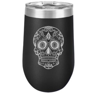mip brand 16 oz double wall vacuum insulated stainless steel stemless wine tumbler glass coffee travel mug with lid sugar candy skull (black)