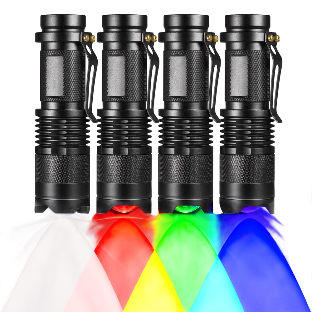 RaySoar (Pack of 4) 4 Color Light Single Mode Flashlight: Red Light Flashlight, Green Light Flashlight, Blue Light Flashlight, Cool White Light Flashlight for Night Observation, Hunting, Fishing