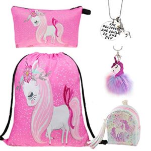 dreshow bqubo 5 pack unicorn gifts for girls drawstring backpack/makeup bag/necklace/coin purse unicorn set