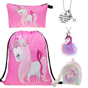 DRESHOW BQUBO 5 Pack Unicorn Gifts for Girls Drawstring Backpack/Makeup Bag/Necklace/Coin Purse Unicorn Set