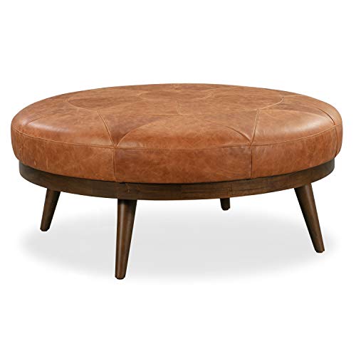 POLY & BARK Gio Modern Leather Ottoman Pouf (Cognac Tan)