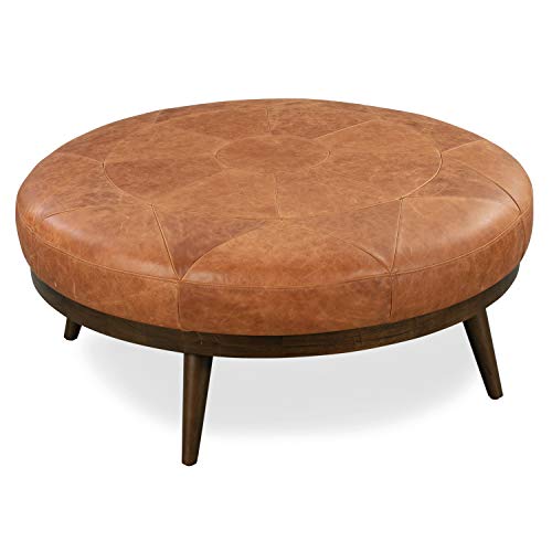 POLY & BARK Gio Modern Leather Ottoman Pouf (Cognac Tan)