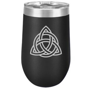 mip brand 16 oz double wall vacuum insulated stainless steel stemless wine tumbler glass coffee travel mug with lid triquetra symbol celtic knot (black)