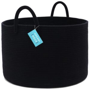 organihaus black large woven basket for storage 20x13 | big basket for blankets for living room | round laundry basket & blanket holder for bedroom | boho blanket basket | pillow basket & toy basket