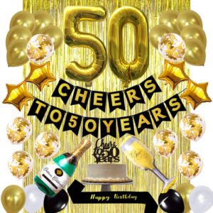 gold 50th birthday decorations kit- cheers to 50 years banner balloons and cake topper, happy birthday sash, gold tinsel foil fringe curtains, for birthday&anniversary decorations