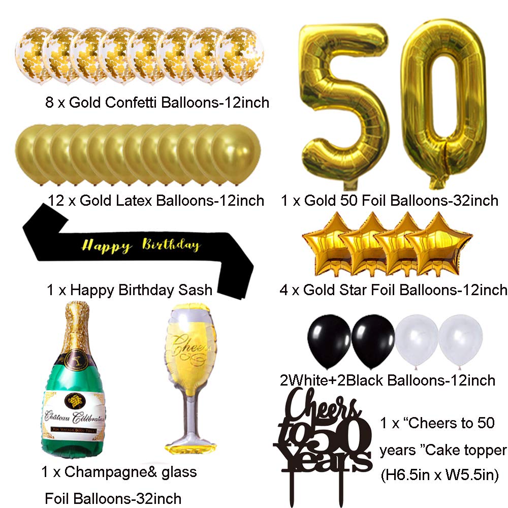 Gold 50th Birthday Decorations kit- Cheers To 50 Years Banner Balloons and Cake Topper, Happy Birthday Sash, Gold Tinsel Foil Fringe Curtains, for Birthday&Anniversary Decorations