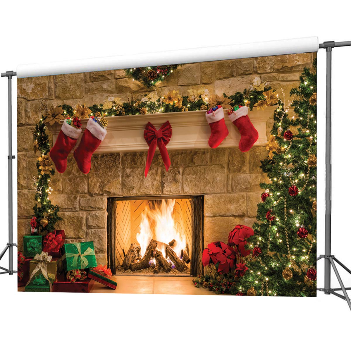 CHAIYA 7x5ft Christmas Fireplace Backdrop for Family Portrait Studio Winter Decorations and Photo Background CY036