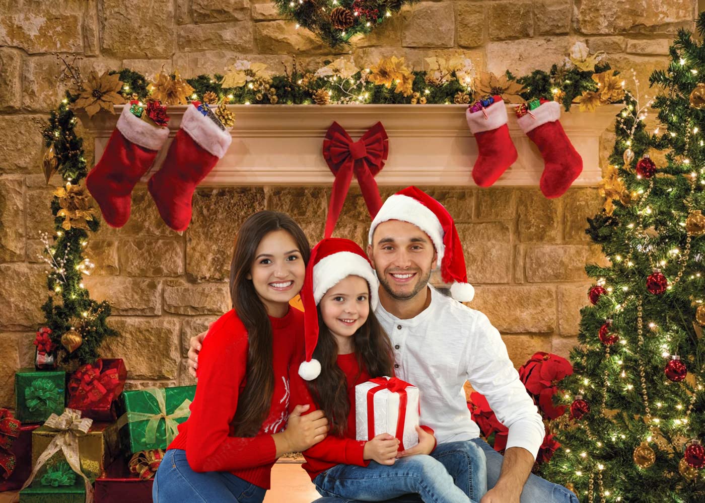 CHAIYA 7x5ft Christmas Fireplace Backdrop for Family Portrait Studio Winter Decorations and Photo Background CY036